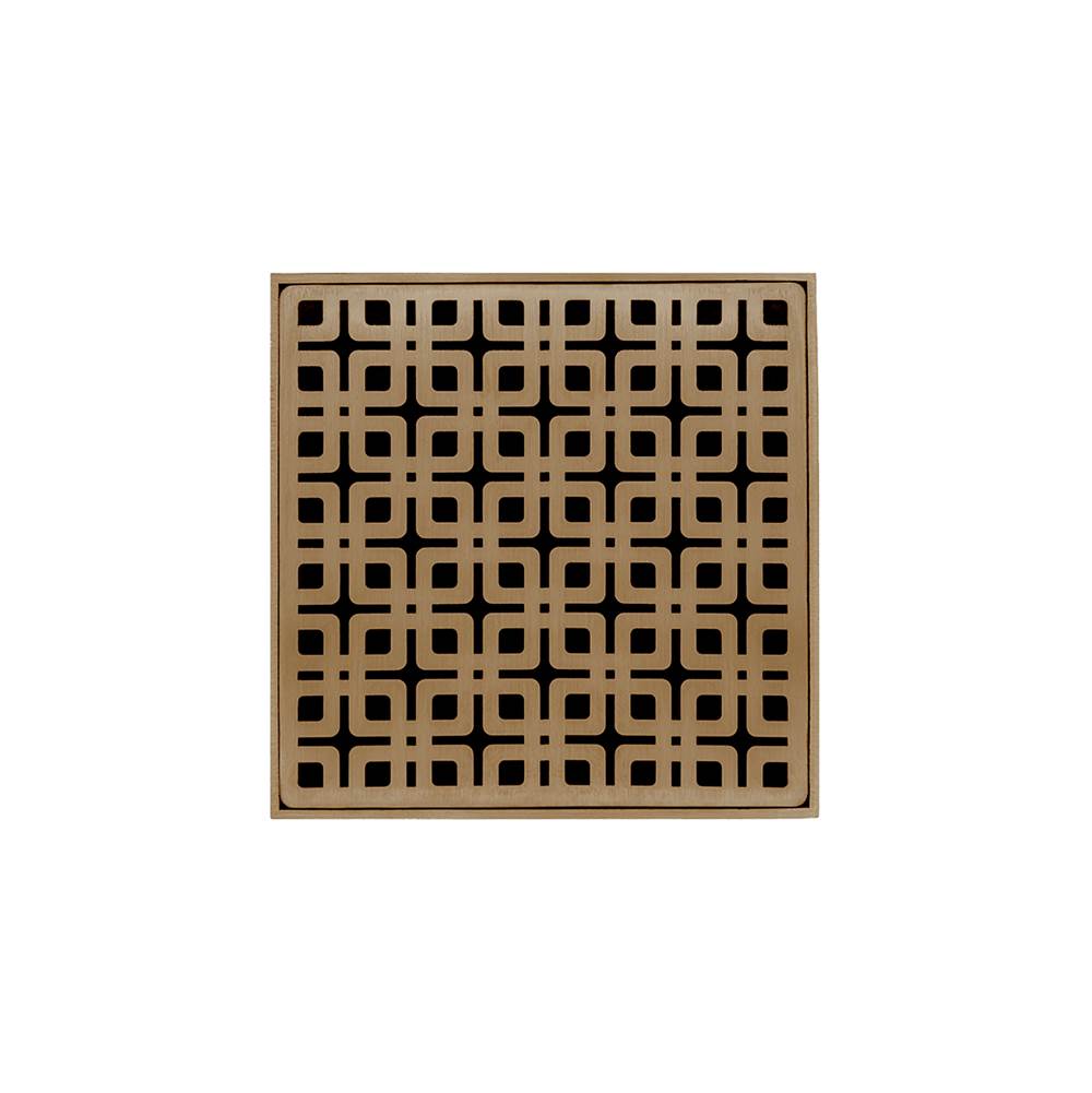 Infinity Drain 5'' x 5'' KD 5 High Flow Complete Kit with Link Pattern Decorative Plate in Satin Bronze with Cast Iron Drain Body, 3'' No-Hub Outlet
