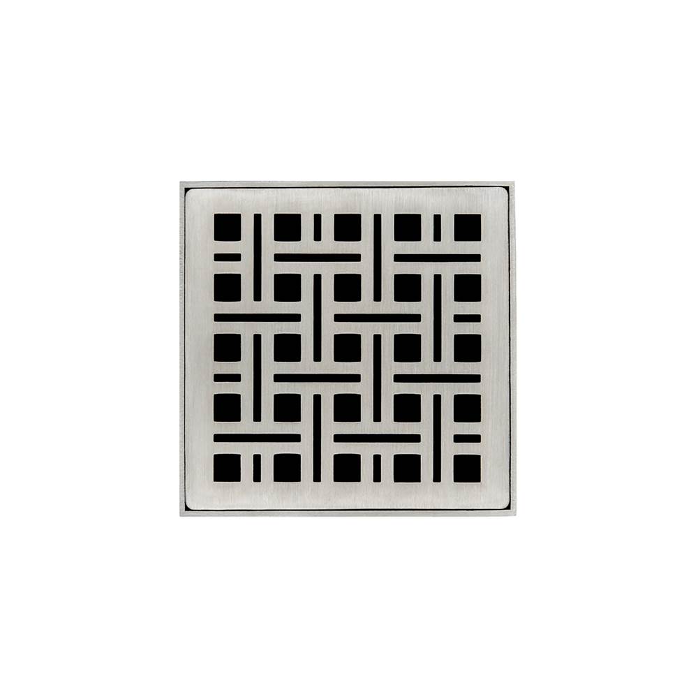 Infinity Drain 4'' x 4'' VD 4 Complete Kit with Weave Pattern Decorative Plate in Satin Stainless with Cast Iron Drain Body, 2'' Outlet