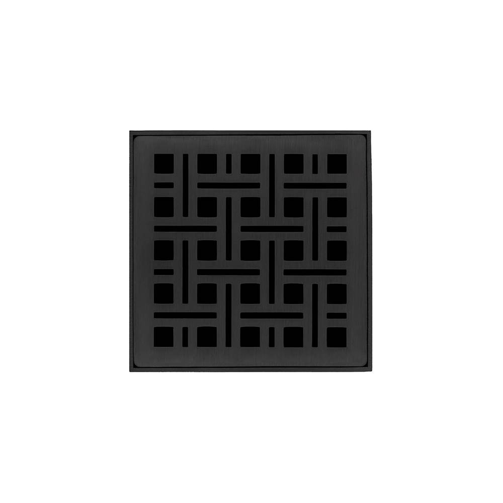 Infinity Drain 4'' x 4'' VDB 4 Complete Kit with Weave Pattern Decorative Plate in Matte Black with PVC Bonded Flange Drain Body, 2'', 3'' and 4'' Outlet