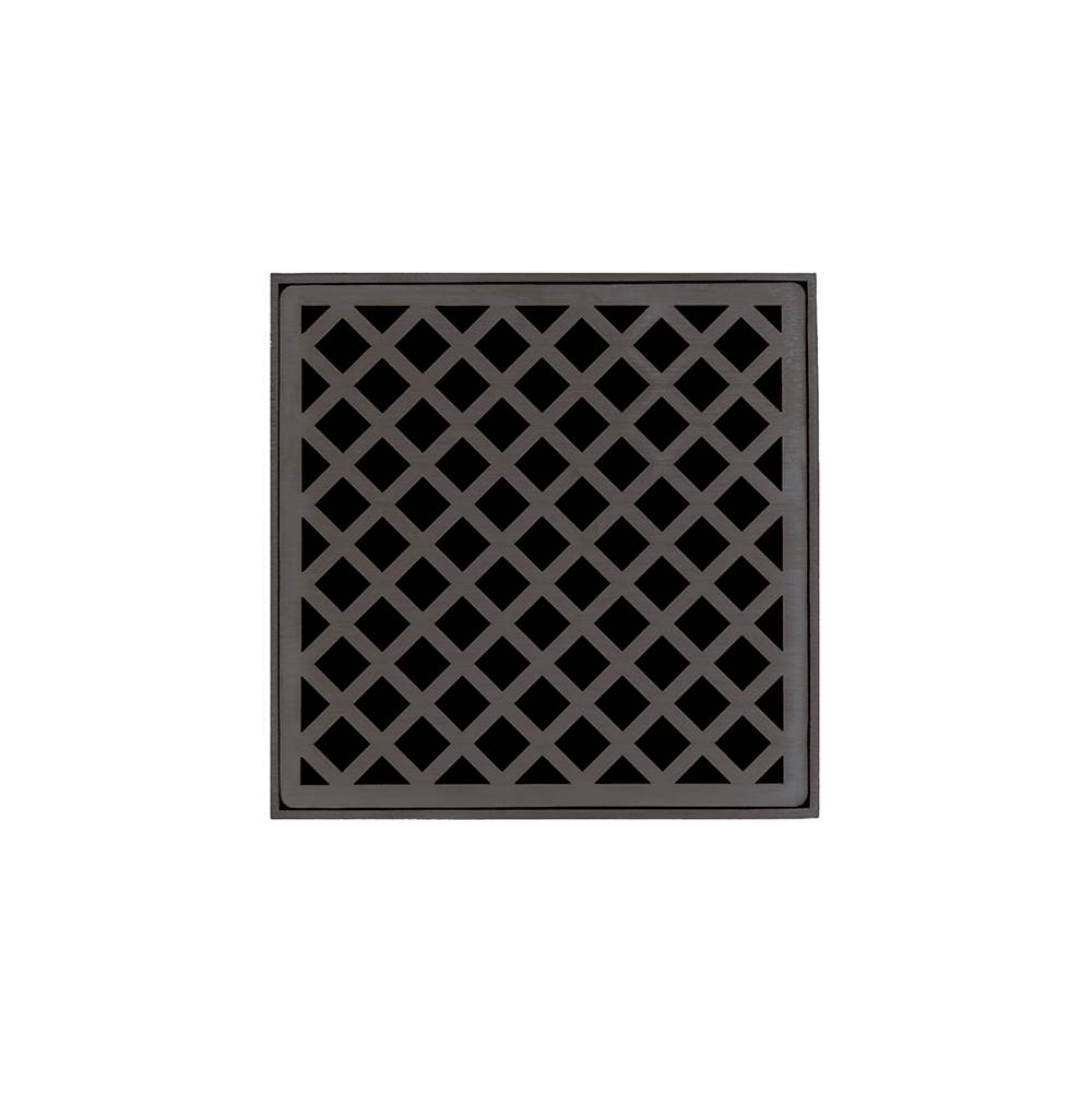 Infinity Drain 5'' x 5'' XDB 5 Complete Kit with Criss-Cross Pattern Decorative Plate in Oil Rubbed Bronze with PVC Bonded Flange Drain Body, 2'', 3'' and 4'' Outlet
