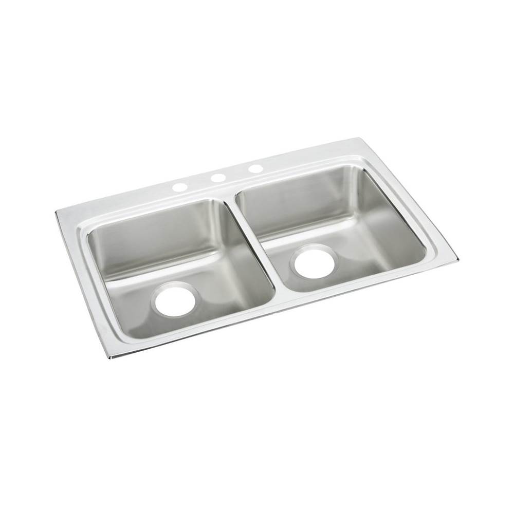 Just Manufacturing Stainless Steel 33'' x 22'' x 6-1/2'' 4-Hole Equal Double Bowl Drop-in ADA Sink