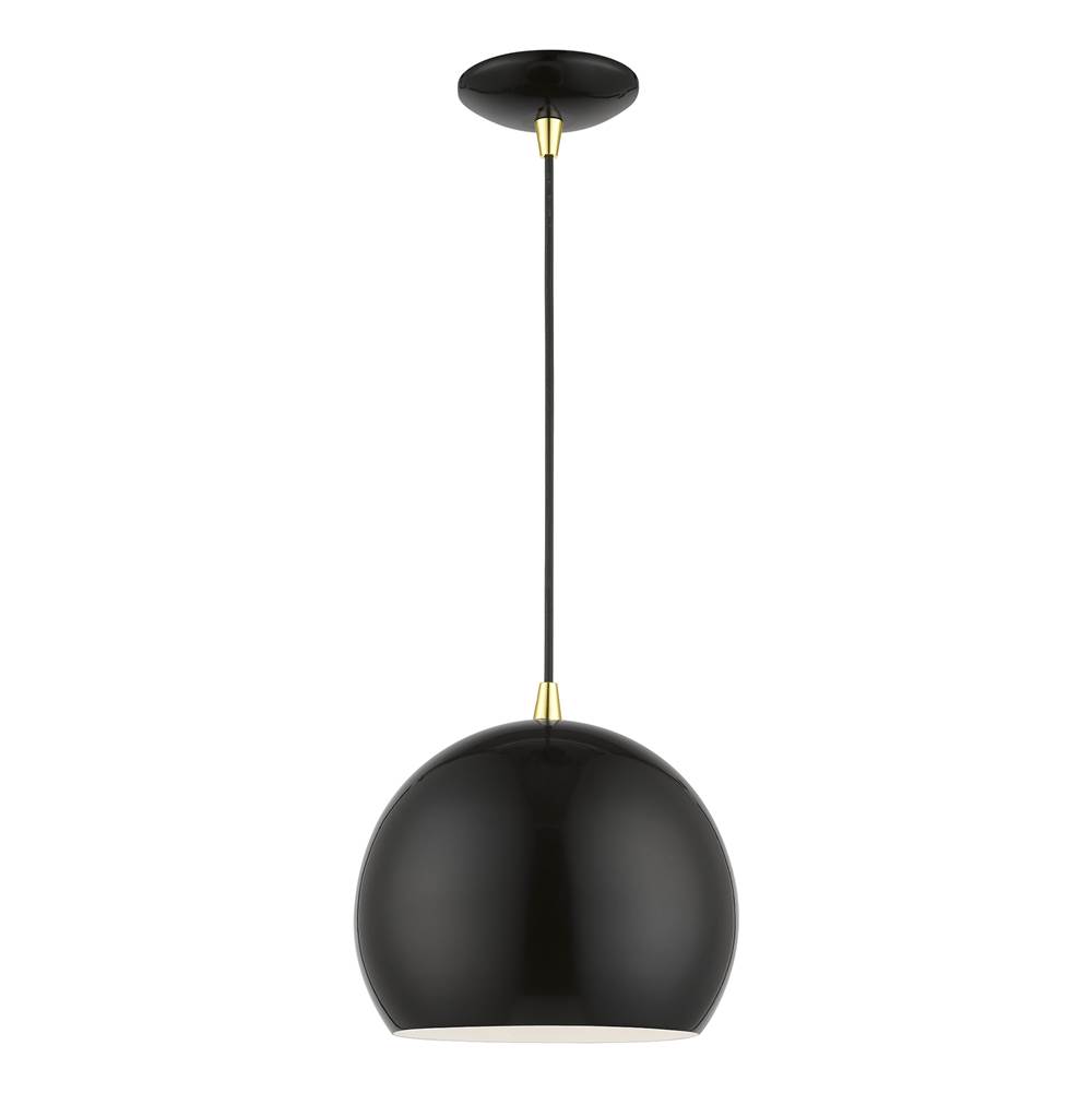 Livex 1 Light Shiny Black with Polished Brass Accents Globe Pendant