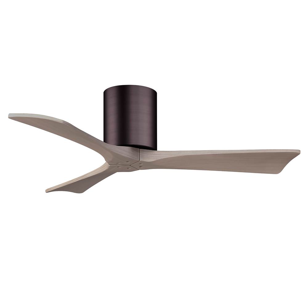 Matthews Fan Company Irene-3H three-blade flush mount paddle fan in Brushed Brass finish with 42'' Gray Ash tone blades.