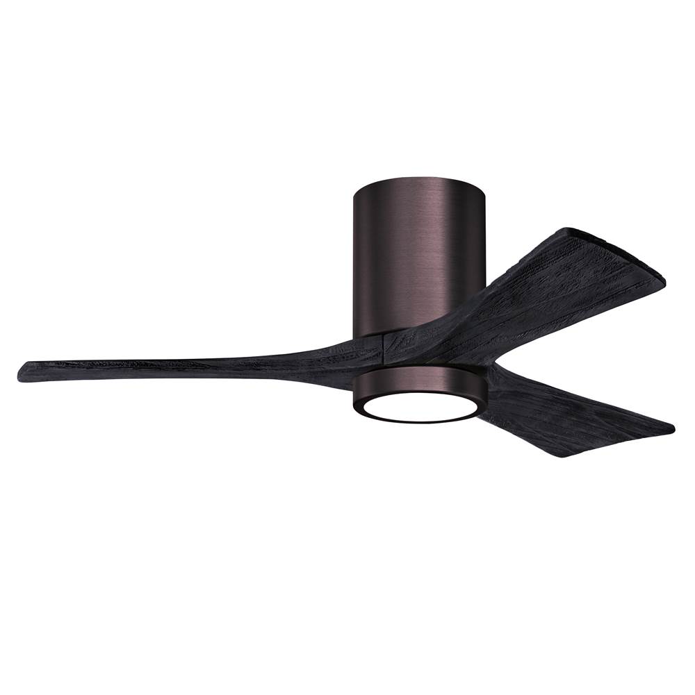 Matthews Fan Company Irene-3HLK three-blade flush mount paddle fan in Brushed Bronze finish with 42'' solid matte black wood blades and integrated LED light kit.