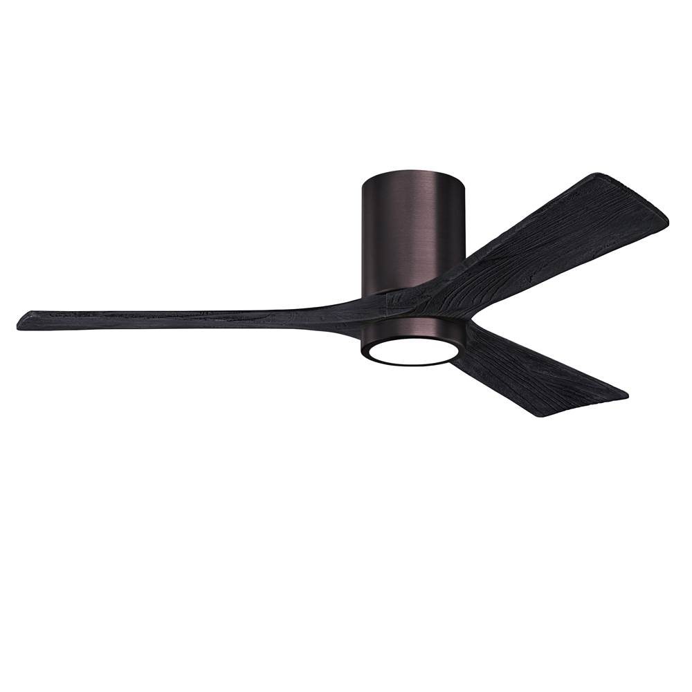 Matthews Fan Company Irene-3HLK three-blade flush mount paddle fan in Brushed Bronze finish with 52'' solid matte black wood blades and integrated LED light kit.