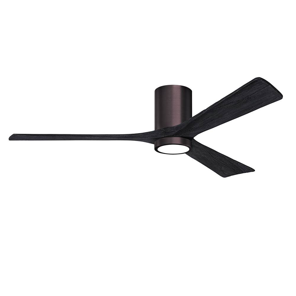 Matthews Fan Company Irene-3HLK three-blade flush mount paddle fan in Brushed Bronze finish with 60'' solid matte black wood blades and integrated LED light kit.