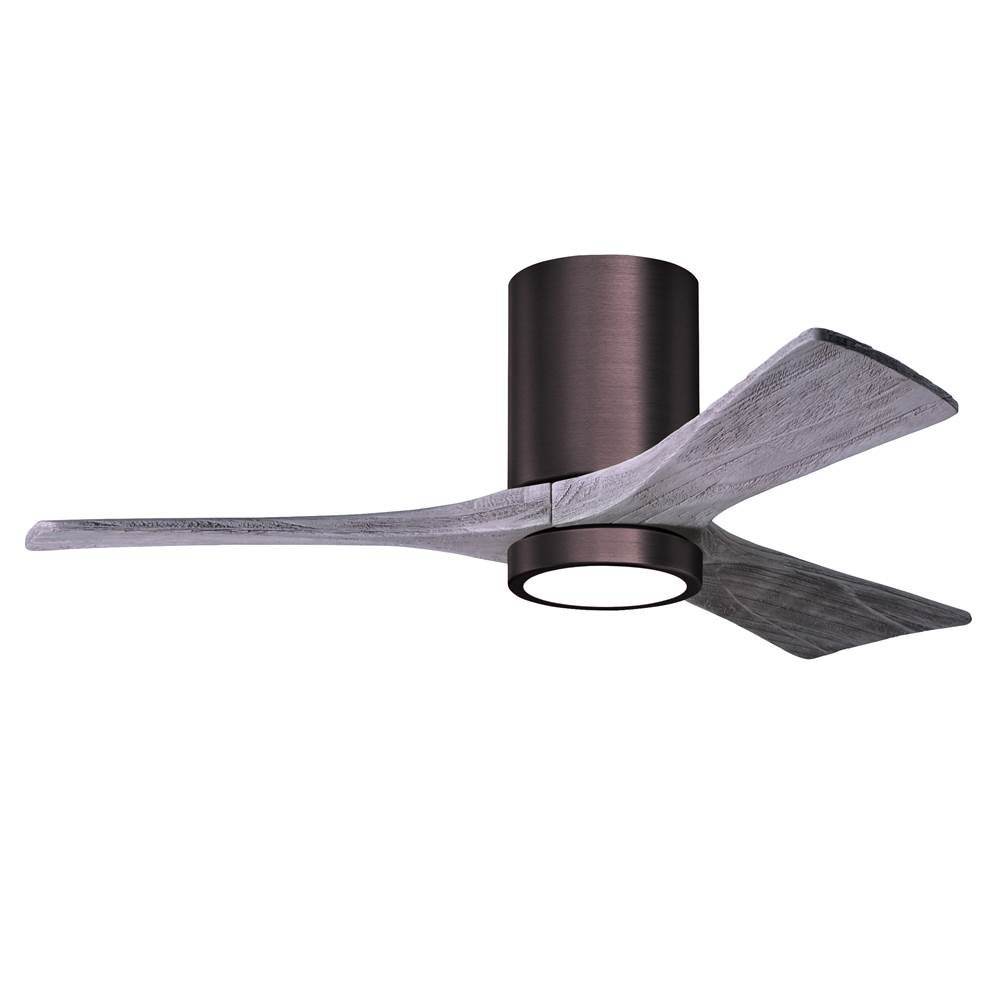 Matthews Fan Company Irene-3HLK three-blade flush mount paddle fan in Brushed Bronze finish with 42'' solid barn wood tone blades and integrated LED light kit.