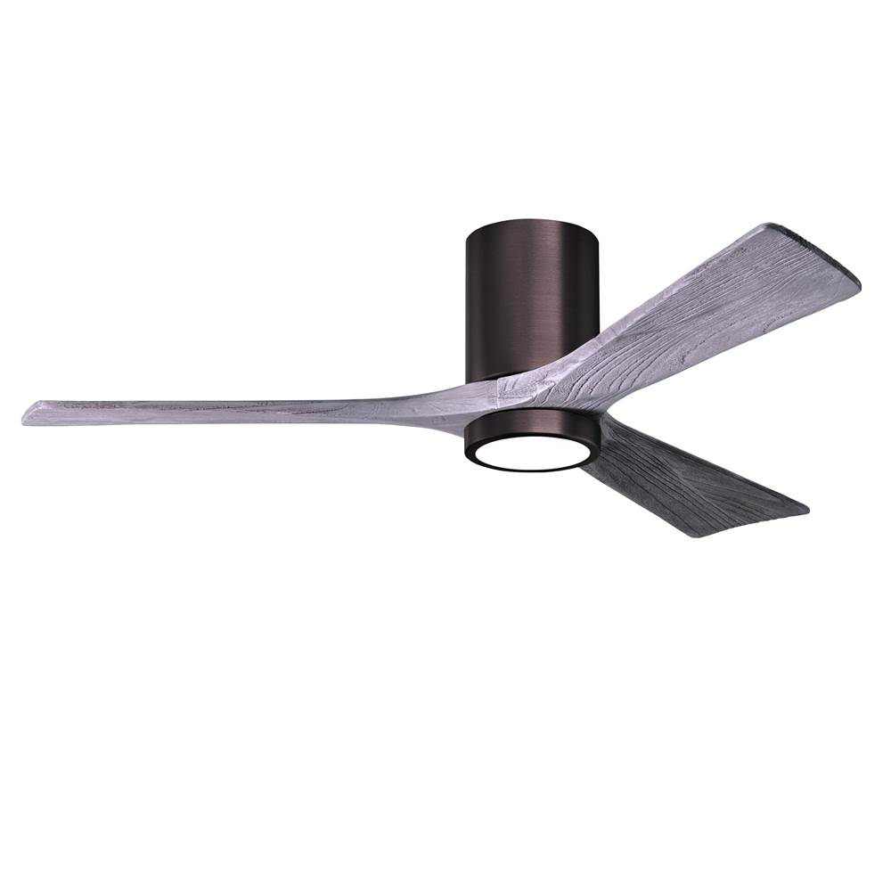 Matthews Fan Company Irene-3HLK three-blade flush mount paddle fan in Brushed Bronze finish with 52'' solid barn wood tone blades and integrated LED light kit.