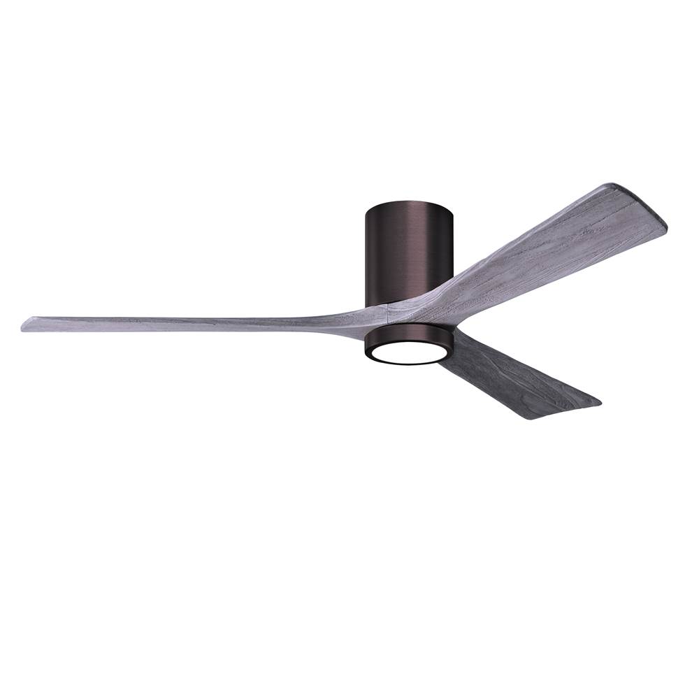 Matthews Fan Company Irene-3HLK three-blade flush mount paddle fan in Brushed Bronze finish with 60'' solid barn wood tone blades and integrated LED light kit.
