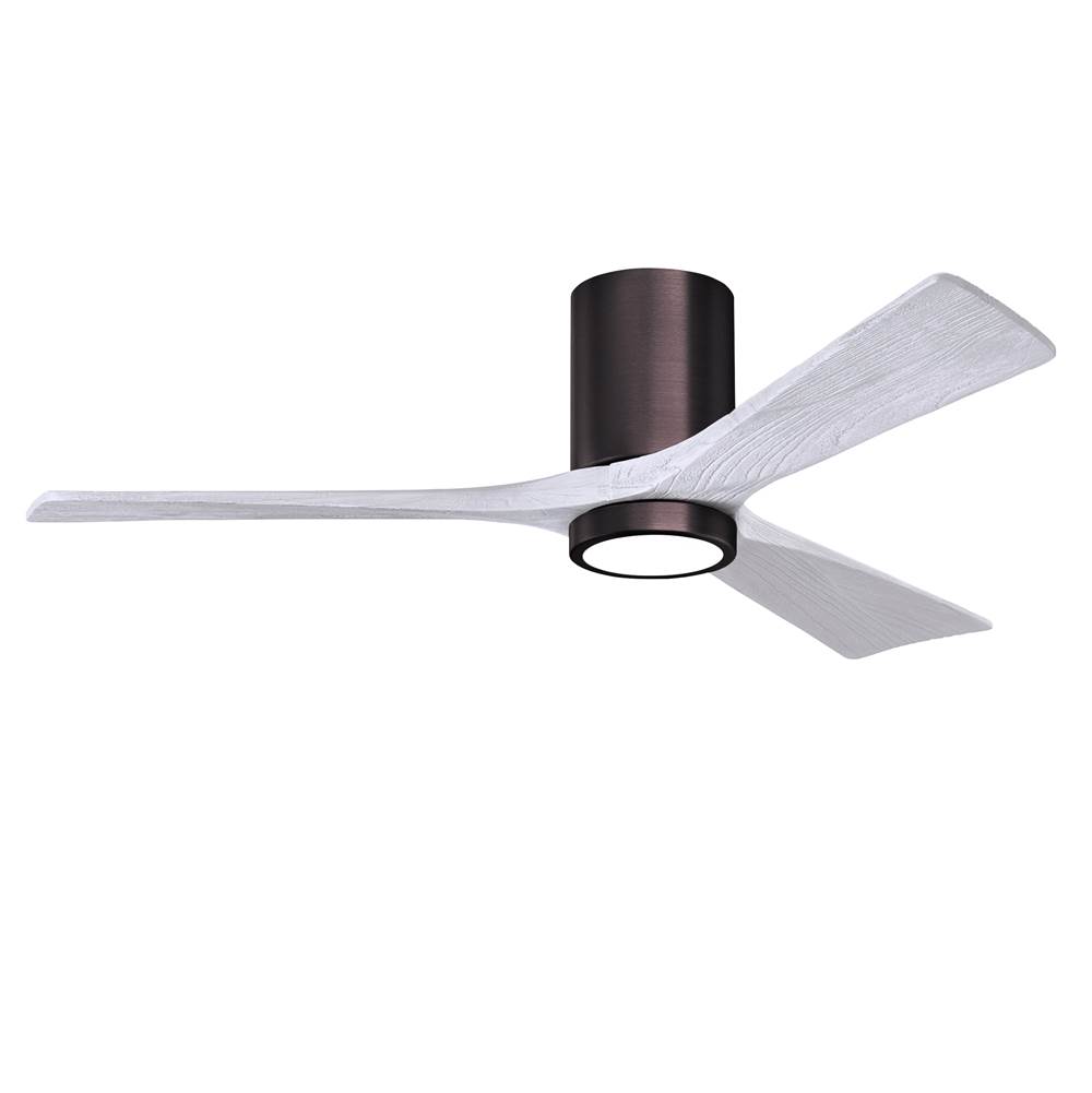 Matthews Fan Company Irene-3HLK three-blade flush mount paddle fan in Brushed Bronze finish with 52'' solid matte white wood blades and integrated LED light kit.