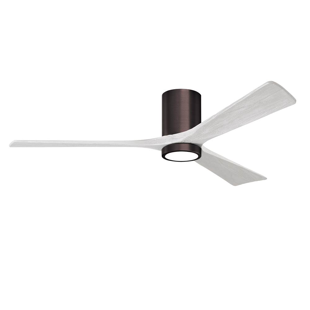 Matthews Fan Company Irene-3HLK three-blade flush mount paddle fan in Brushed Bronze finish with 60'' solid matte white wood blades and integrated LED light kit.