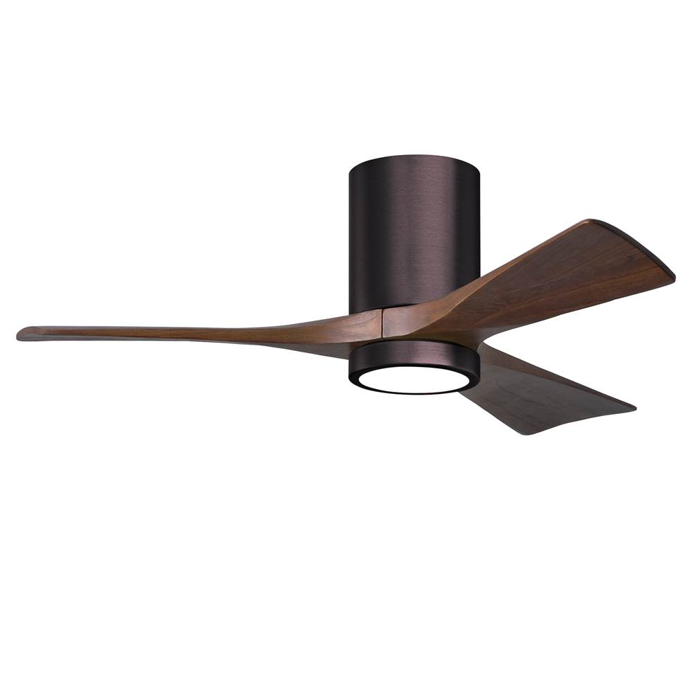 Matthews Fan Company Irene-3HLK three-blade flush mount paddle fan in Brushed Bronze finish with 42'' solid walnut tone blades and integrated LED light kit.