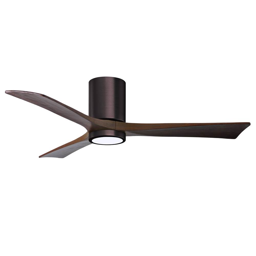 Matthews Fan Company Irene-3HLK three-blade flush mount paddle fan in Brushed Bronze finish with 52'' solid walnut tone blades and integrated LED light kit.