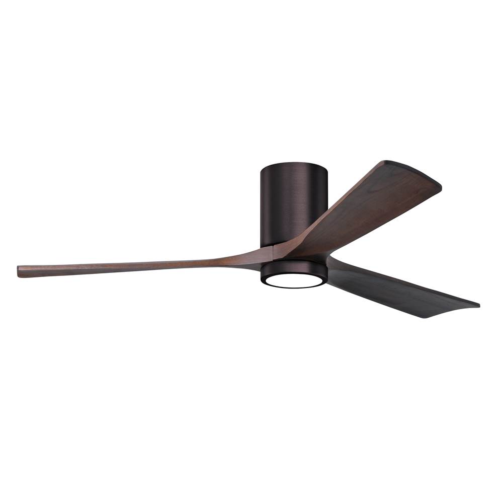 Matthews Fan Company Irene-3HLK three-blade flush mount paddle fan in Brushed Bronze finish with 60'' solid walnut tone blades and integrated LED light kit.