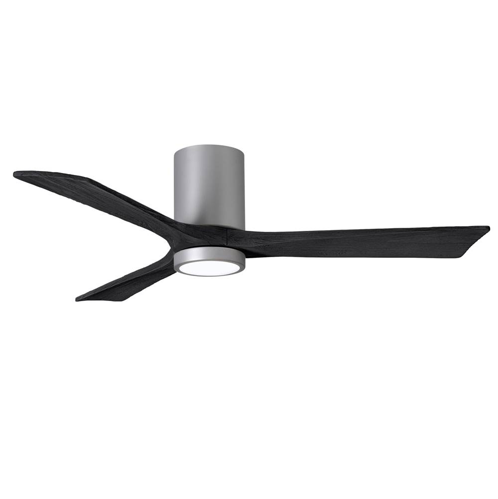 Matthews Fan Company Irene-3HLK three-blade flush mount paddle fan in Brushed Nickel finish with 52'' solid matte black wood blades and integrated LED light kit.