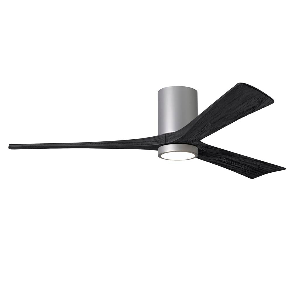 Matthews Fan Company Irene-3HLK three-blade flush mount paddle fan in Brushed Nickel finish with 60'' solid matte black wood blades and integrated LED light kit.