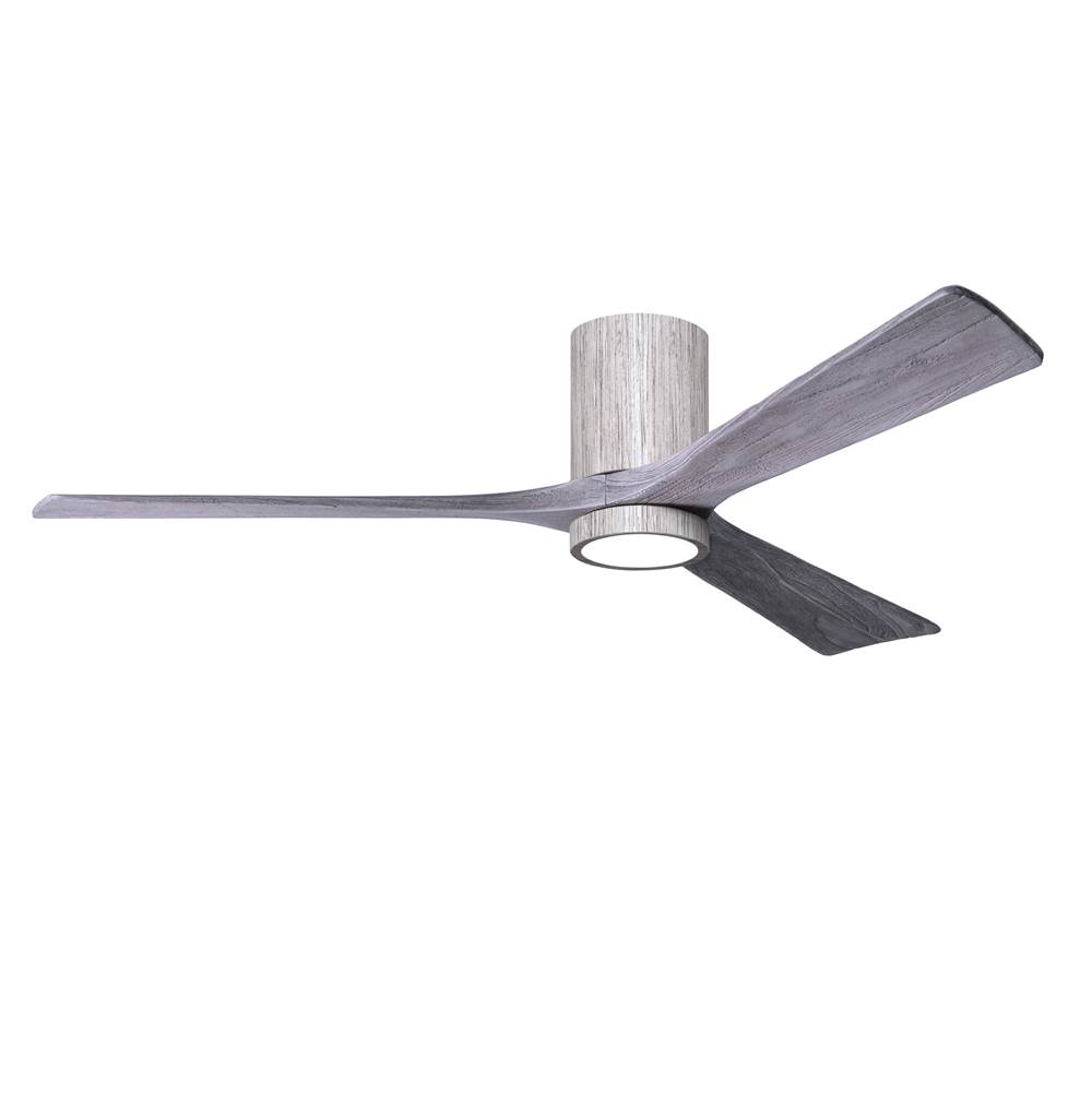 Matthews Fan Company Irene-3HLK three-blade flush mount paddle fan in Barn Wood finish with 60'' solid barn wood tone blades and integrated LED light kit.