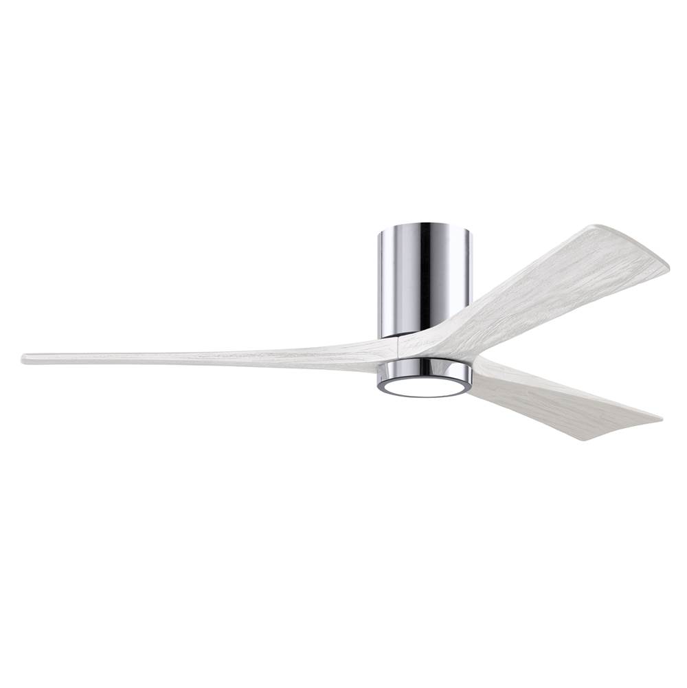 Matthews Fan Company Irene-3HLK three-blade flush mount paddle fan in Polished Chrome finish with 60'' solid matte white wood blades and integrated LED light kit.