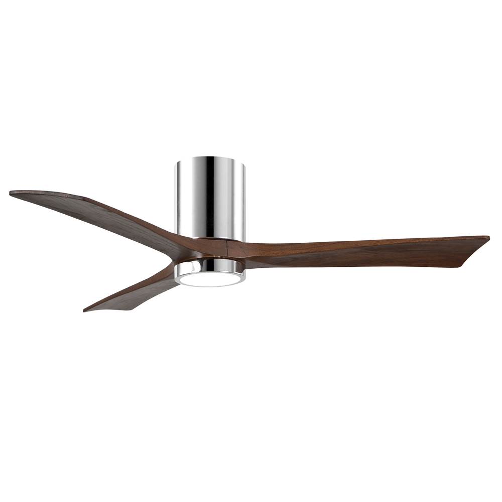 Matthews Fan Company Irene-3HLK three-blade flush mount paddle fan in Polished Chrome finish with 52'' solid walnut tone blades and integrated LED light kit.