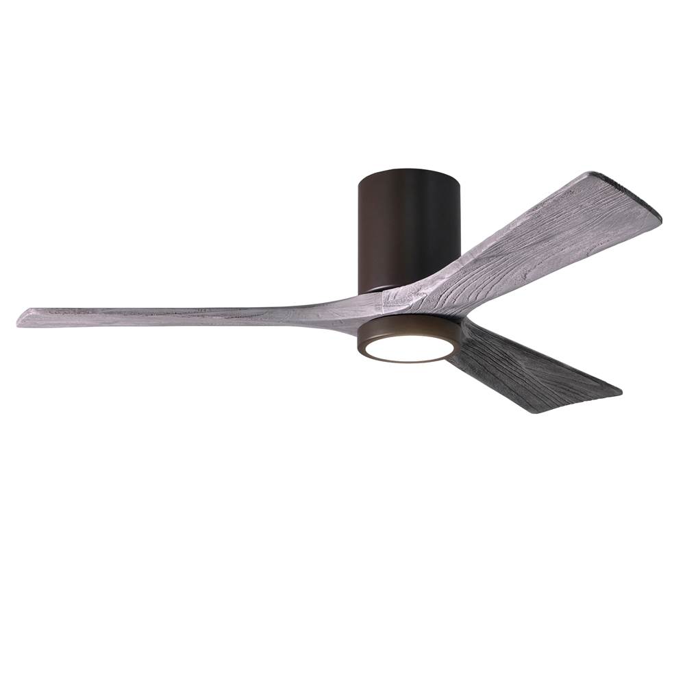 Matthews Fan Company Irene-3HLK three-blade flush mount paddle fan in Textured Bronze finish with 52'' solid barn wood tone blades and integrated LED light kit.