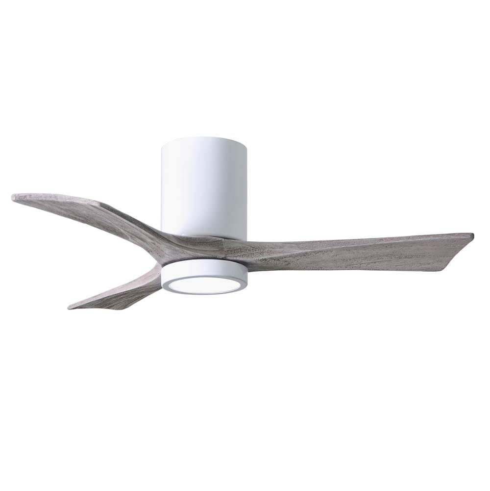 Matthews Fan Company Irene-3HLK three-blade flush mount paddle fan in Gloss White finish with 42'' solid barn wood tone blades and integrated LED light kit.
