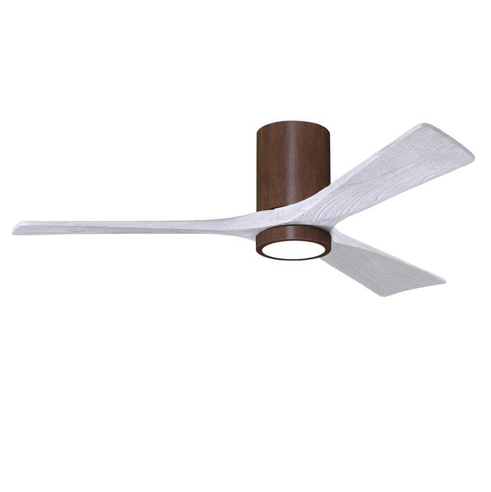Matthews Fan Company Irene-3HLK three-blade flush mount paddle fan in Walnut finish with 52'' solid matte white wood blades and integrated LED light kit.