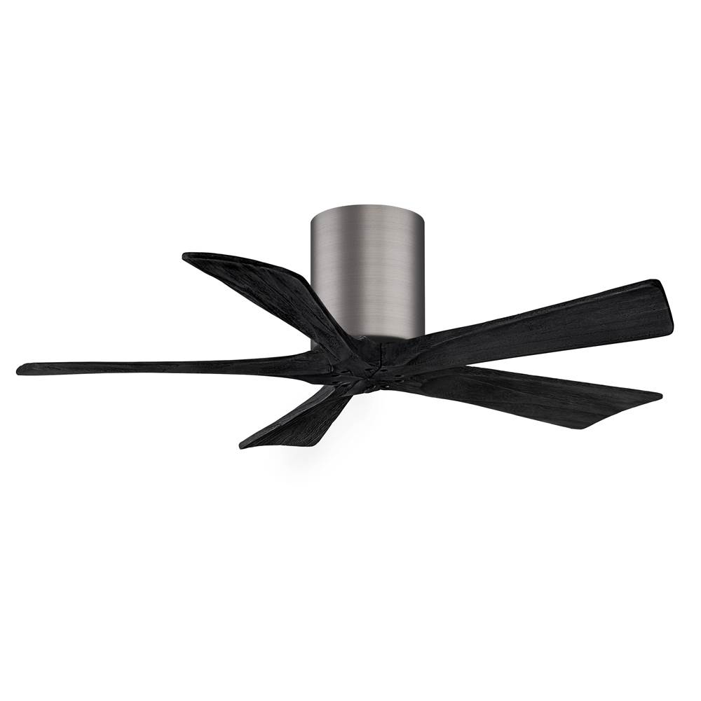 Matthews Fan Company Irene-5H five-blade flush mount paddle fan in Brushed Pewter finish with 42'' solid matte black wood blades.