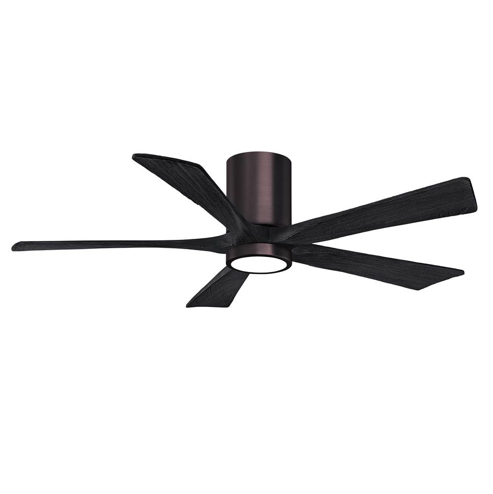 Matthews Fan Company IR5HLK five-blade flush mount paddle fan in Brushed Bronze finish with 52'' solid matte black wood blades and integrated LED light kit.