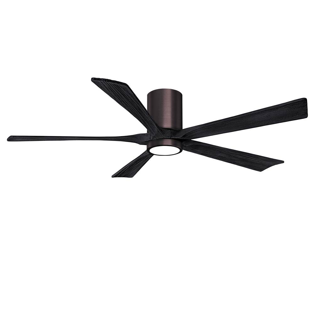 Matthews Fan Company IR5HLK five-blade flush mount paddle fan in Brushed Bronze finish with 60'' solid matte black wood blades and integrated LED light kit.