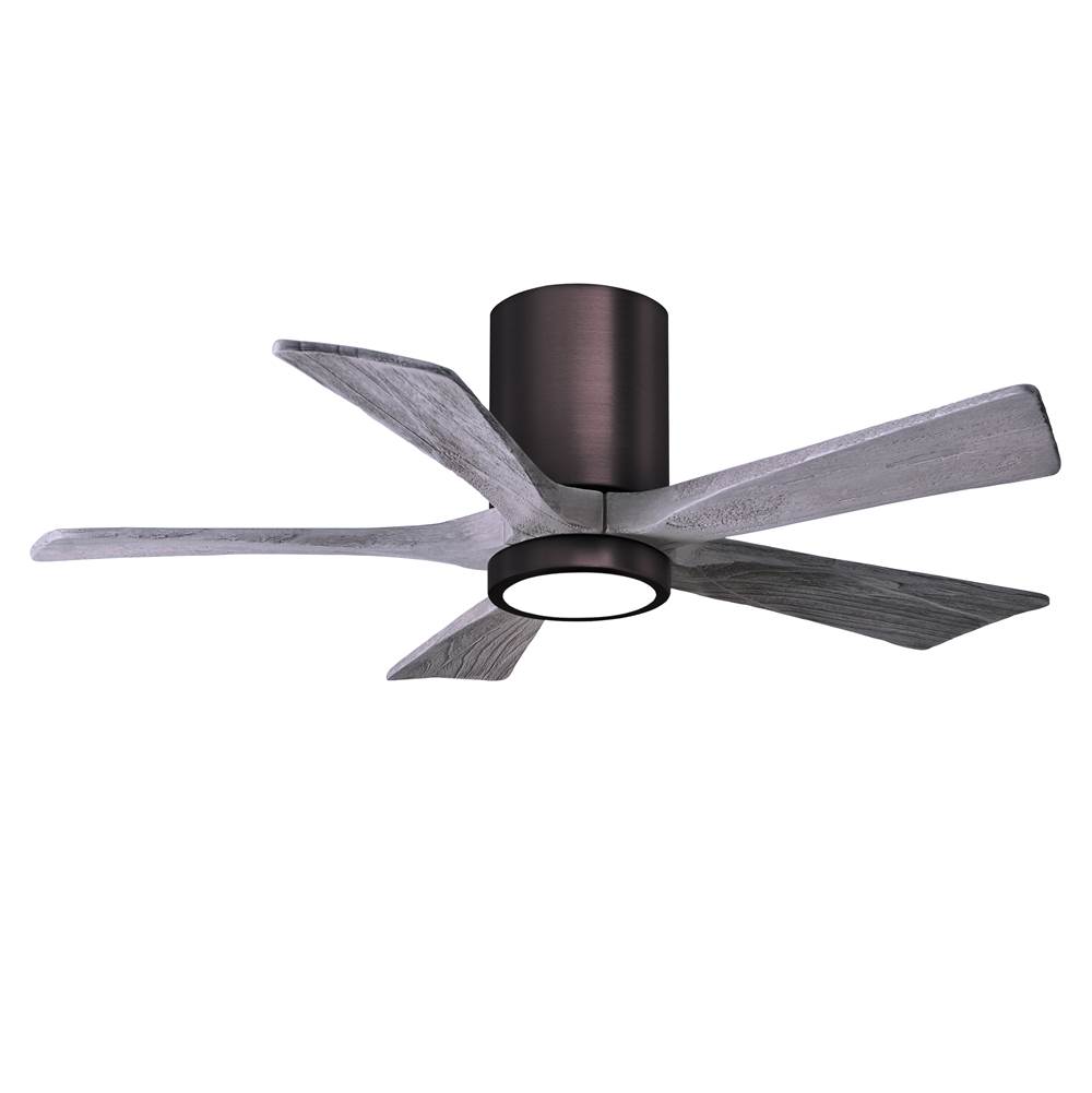 Matthews Fan Company IR5HLK five-blade flush mount paddle fan in Brushed Bronze finish with 42'' solid barn wood tone blades and integrated LED light kit.