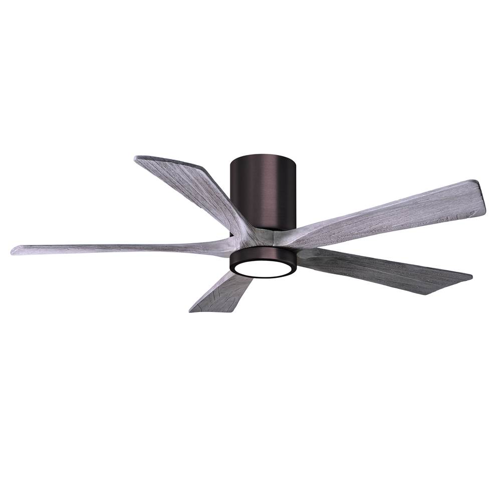 Matthews Fan Company IR5HLK five-blade flush mount paddle fan in Brushed Bronze finish with 52'' solid barn wood tone blades and integrated LED light kit.