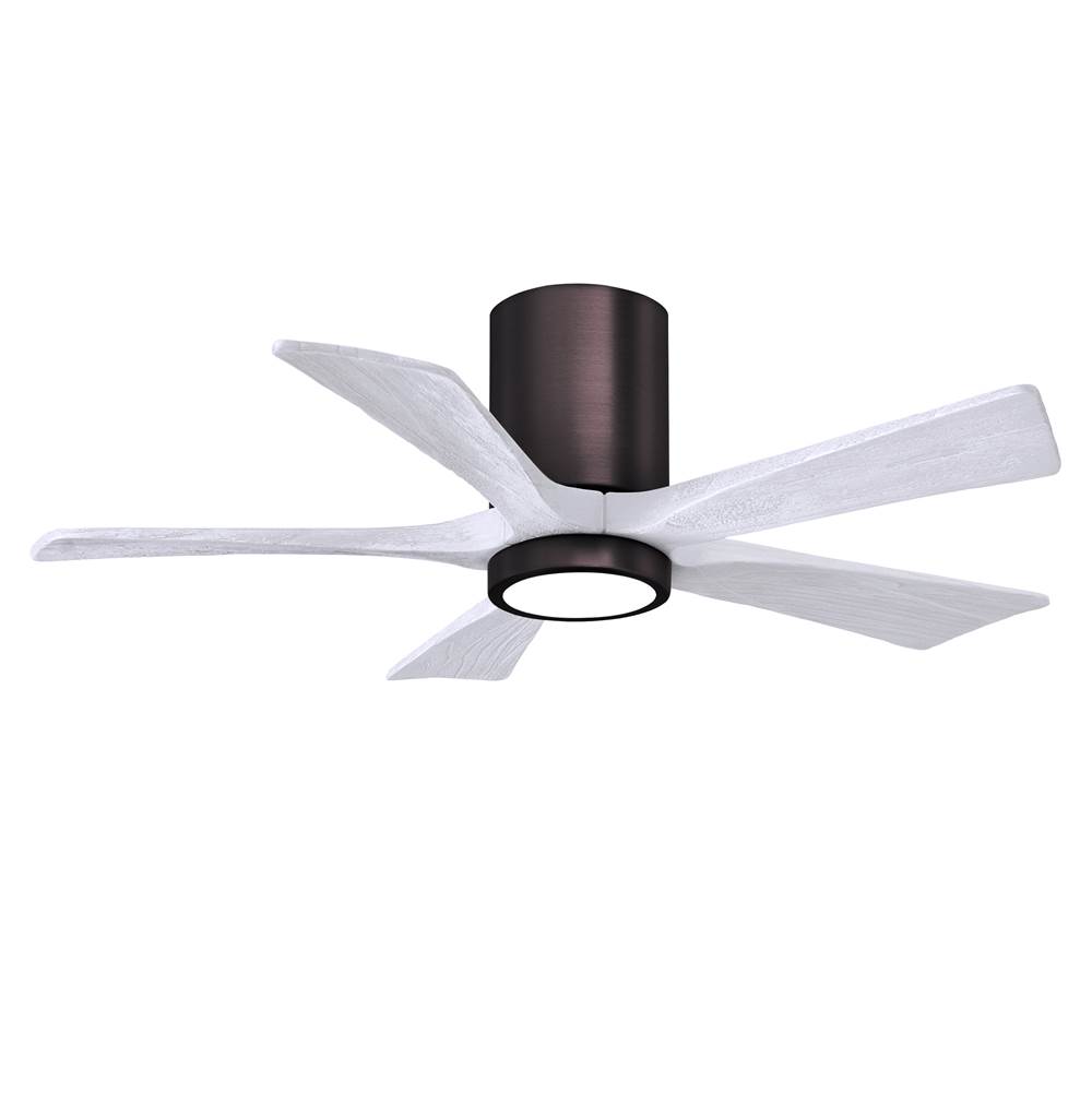 Matthews Fan Company IR5HLK five-blade flush mount paddle fan in Brushed Bronze finish with 42'' solid matte white wood blades and integrated LED light kit.