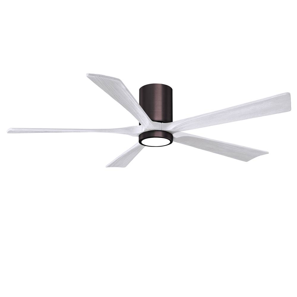 Matthews Fan Company IR5HLK five-blade flush mount paddle fan in Brushed Bronze finish with 60'' solid matte white wood blades and integrated LED light kit.