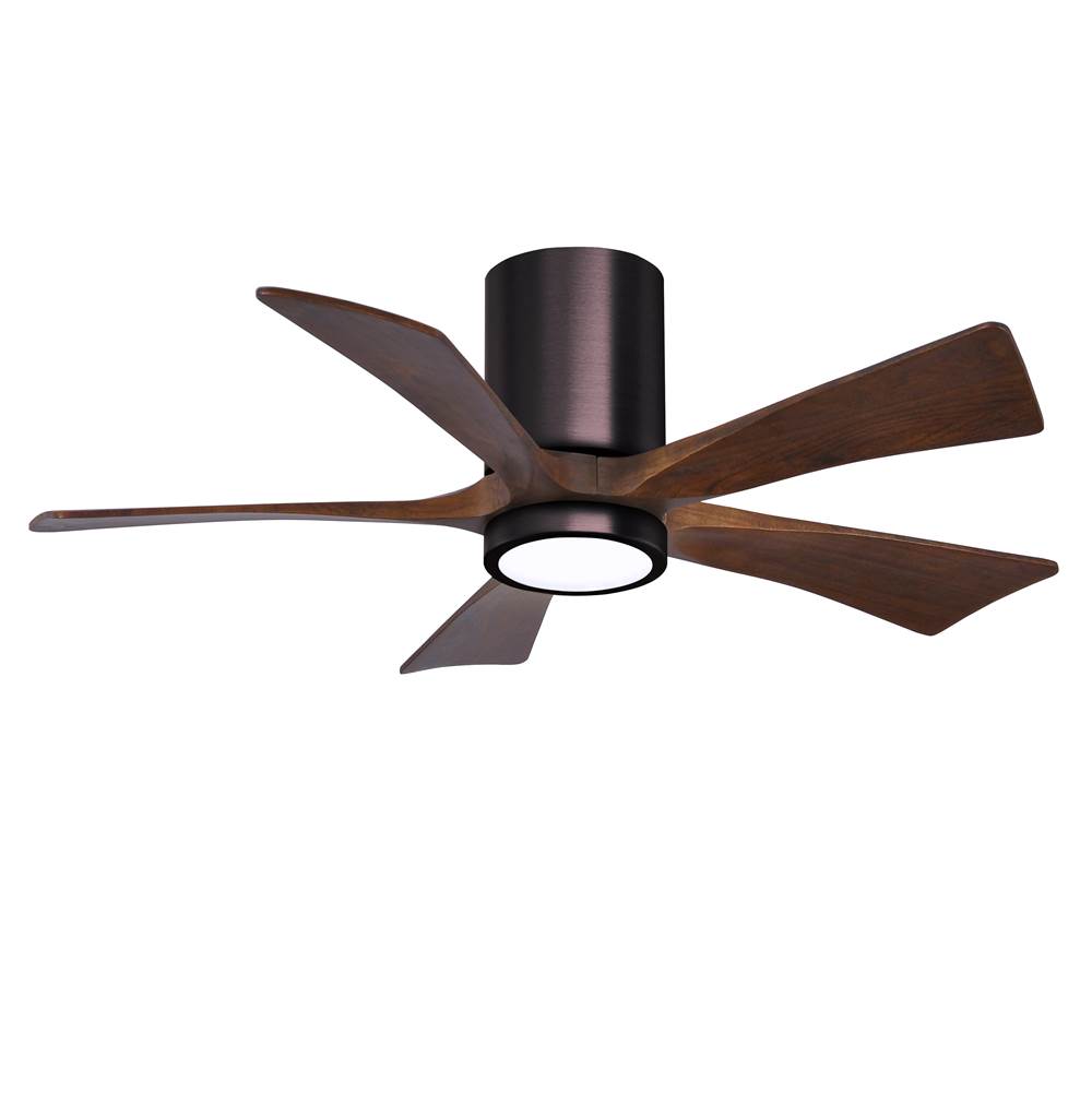 Matthews Fan Company IR5HLK five-blade flush mount paddle fan in Brushed Bronze finish with 42'' solid walnut tone blades and integrated LED light kit.