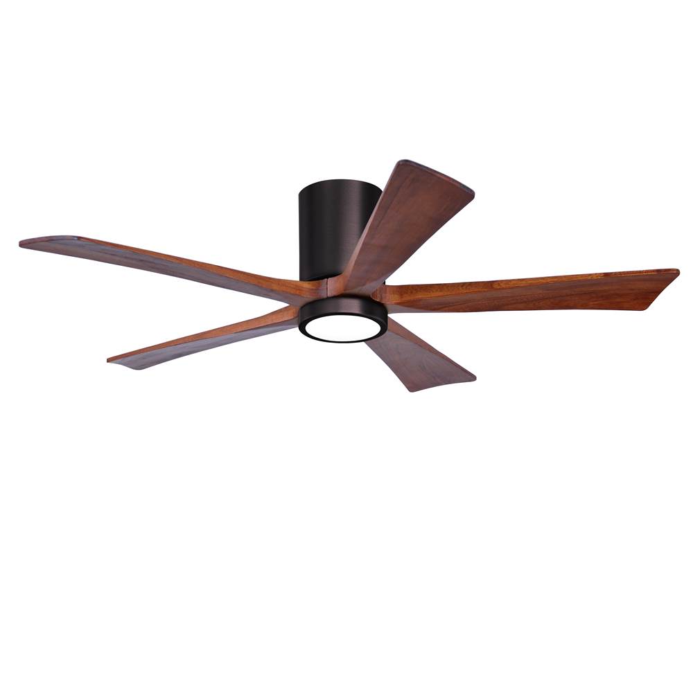 Matthews Fan Company IR5HLK five-blade flush mount paddle fan in Brushed Bronze finish with 52'' solid walnut tone blades and integrated LED light kit.