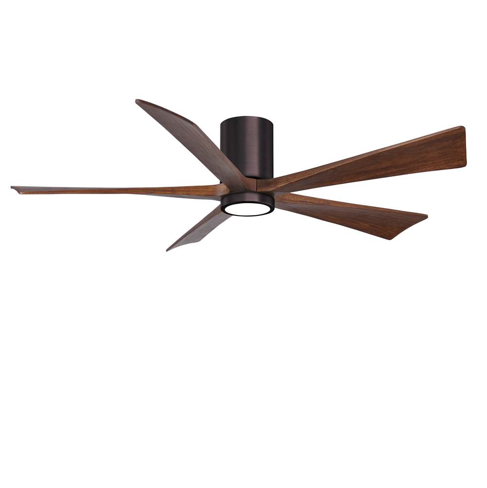 Matthews Fan Company IR5HLK five-blade flush mount paddle fan in Brushed Bronze finish with 60'' solid walnut tone blades and integrated LED light kit.
