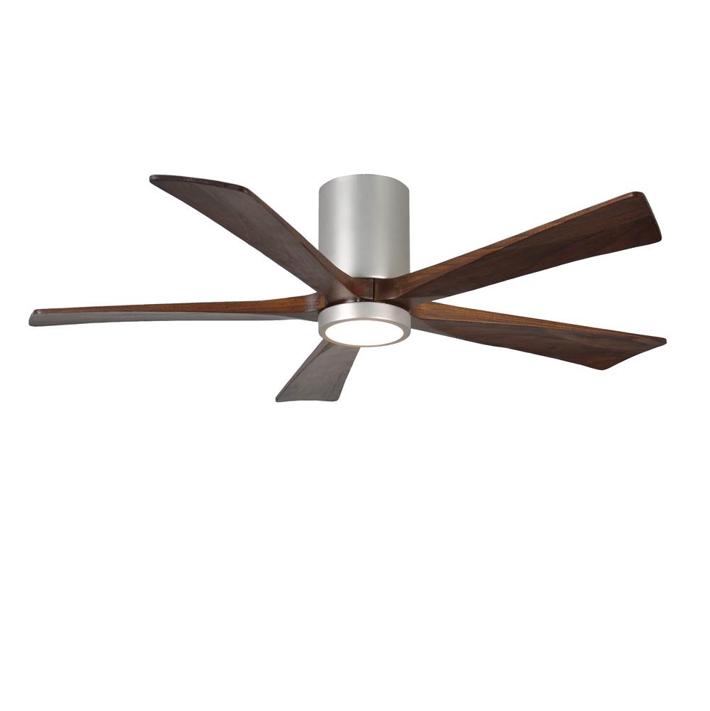 Matthews Fan Company IR5HLK five-blade flush mount paddle fan in Brushed Nickel finish with 52'' solid walnut tone blades and integrated LED light kit.
