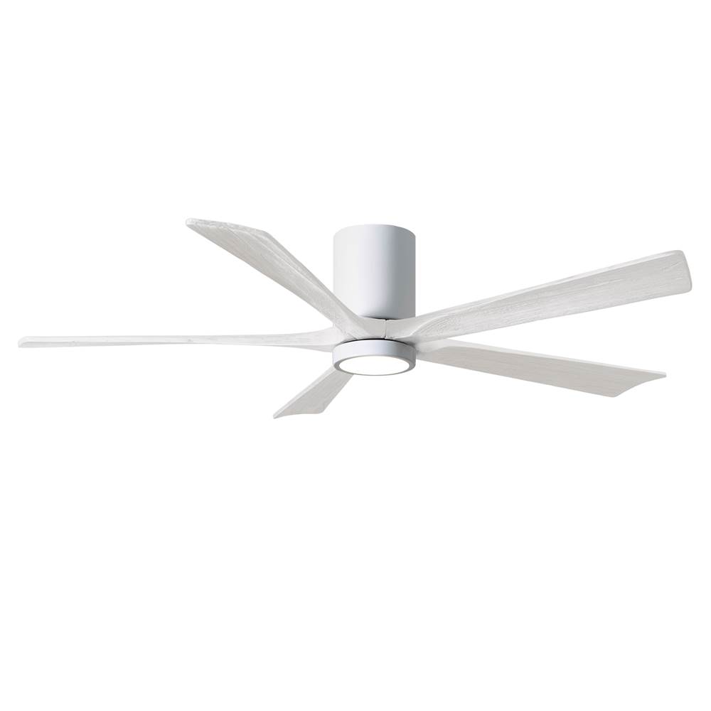 Matthews Fan Company IR5HLK five-blade flush mount paddle fan in Gloss White finish with 60'' solid matte white wood blades and integrated LED light kit.
