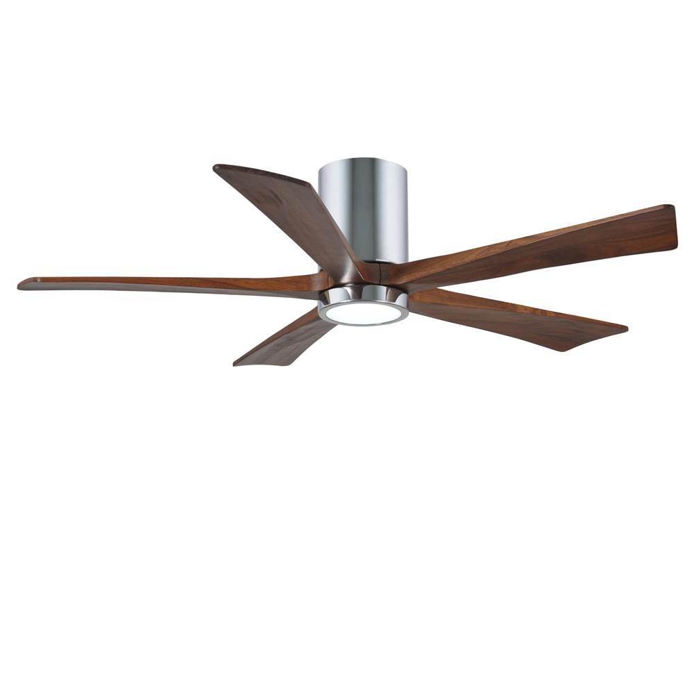 Matthews Fan Company IR5HLK five-blade flush mount paddle fan in Polished Chrome finish with 52'' solid walnut tone blades and integrated LED light kit.