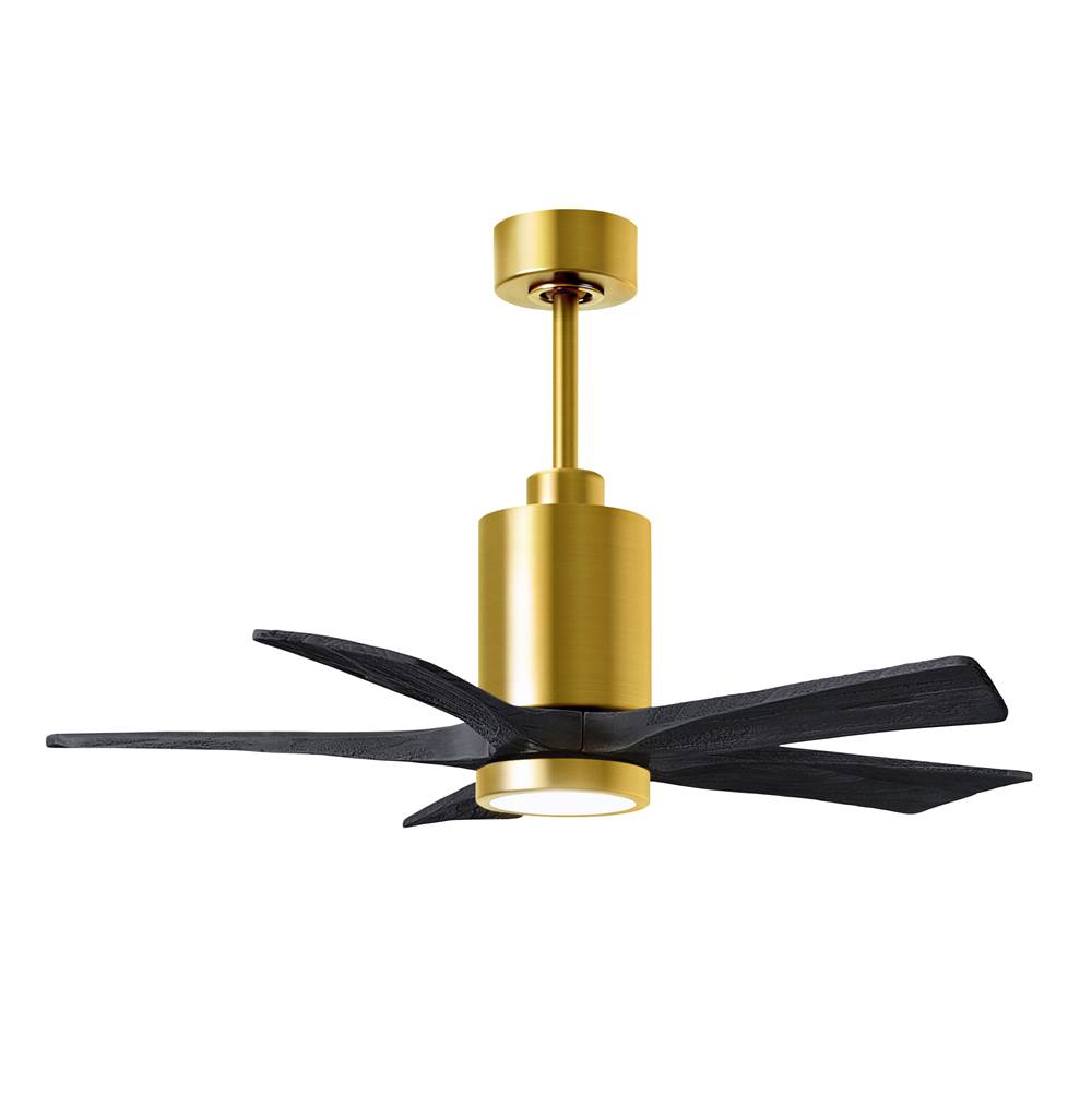 Matthews Fan Company Patricia-5 five-blade ceiling fan in Brushed Brass finish with 42'' solid matte black wood blades and dimmable LED light kit