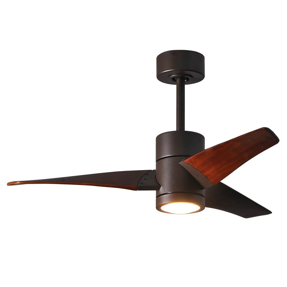 Matthews Fan Company Super Janet three-blade ceiling fan in Textured Bronze finish with 42'' solid walnut tone blades and dimmable LED light kit
