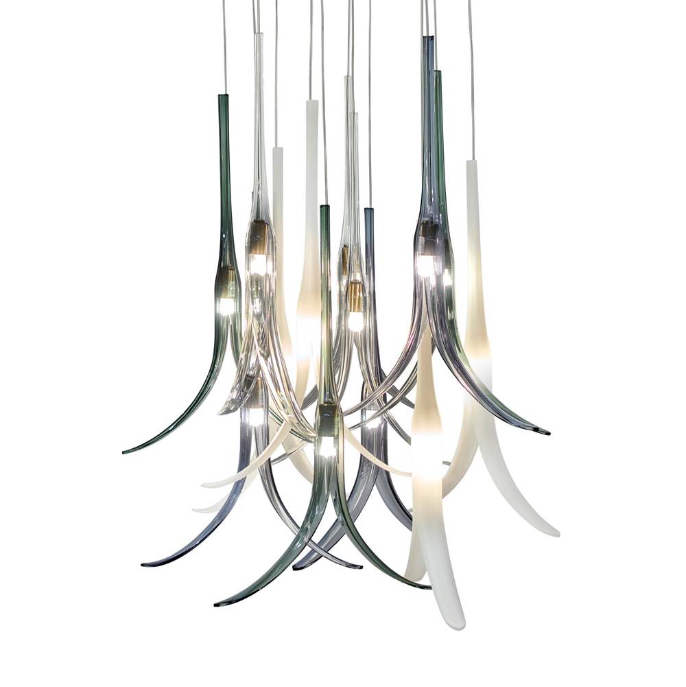 Metropolitan Lighting Featherly 13-Light Gold Pan Pendant with Smoke Blue, White Frosted, Clear and Green Glass Shades