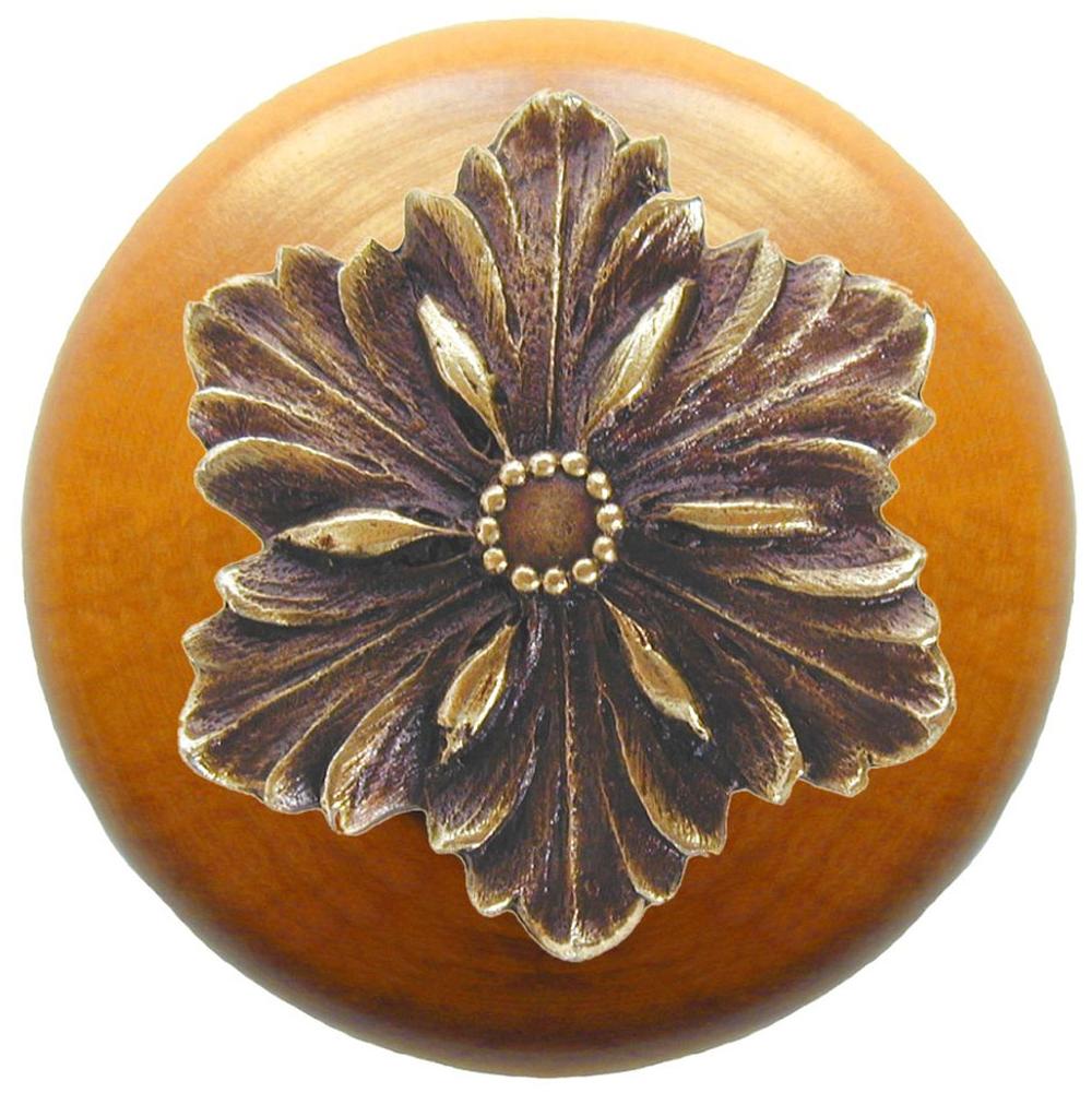 Notting Hill Opulent Flower Wood Knob in Antique Brass/Maple wood finish