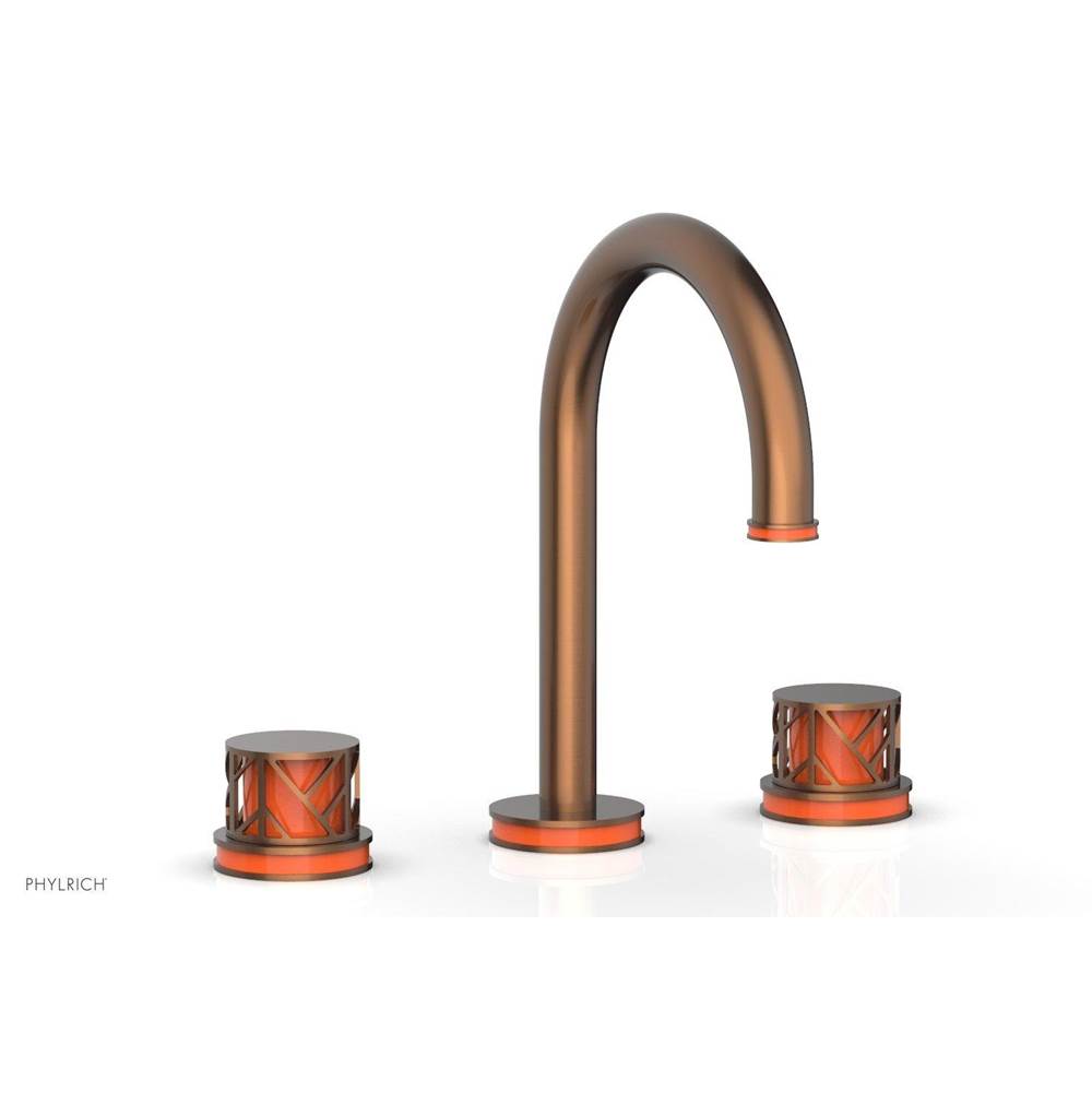 Phylrich Polished Copper (Living Finish) Jolie Widespread Lavatory Faucet With Gooseneck Spout, Round Cutaway Handles, And Orange Accents - 1.2GPM