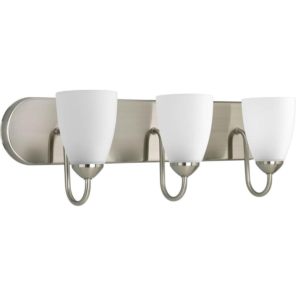 Progress Lighting Gather Collection Three-Light Brushed Nickel Etched Glass Traditional Bath Vanity Light