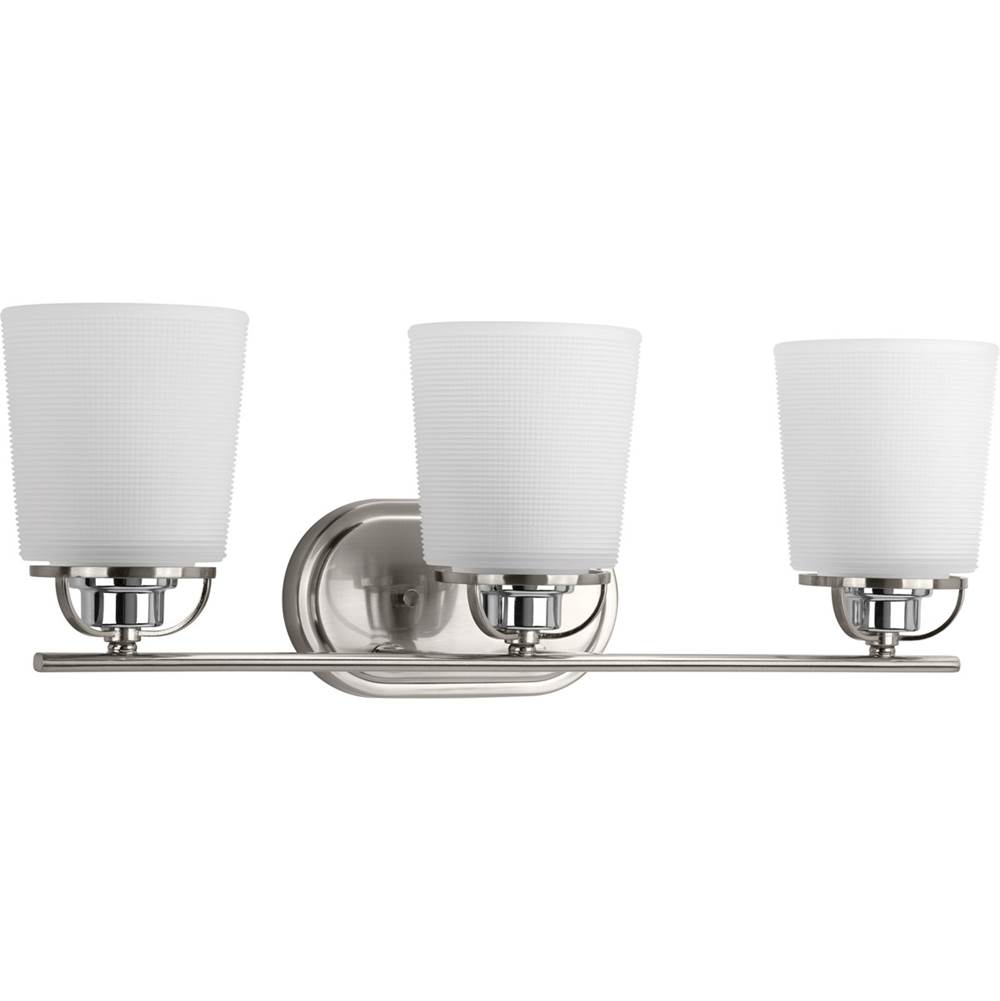 Progress Lighting West Village Collection Three-Light Brushed Nickel Etched Double Prismatic Glass Farmhouse Bath Vanity Light