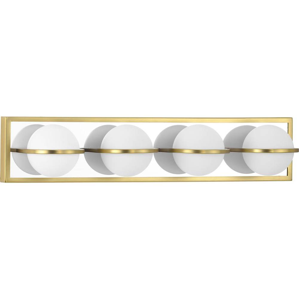 Progress Lighting Pearl LED Collection Four-Light Satin Brass and Opal Glass Modern Style Bath Vanity Wall Light