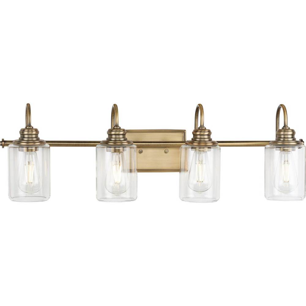 Progress Lighting Aiken Collection Four-Light Vintage Style Brass Clear Glass Farmhouse Style Bath Vanity Wall Light