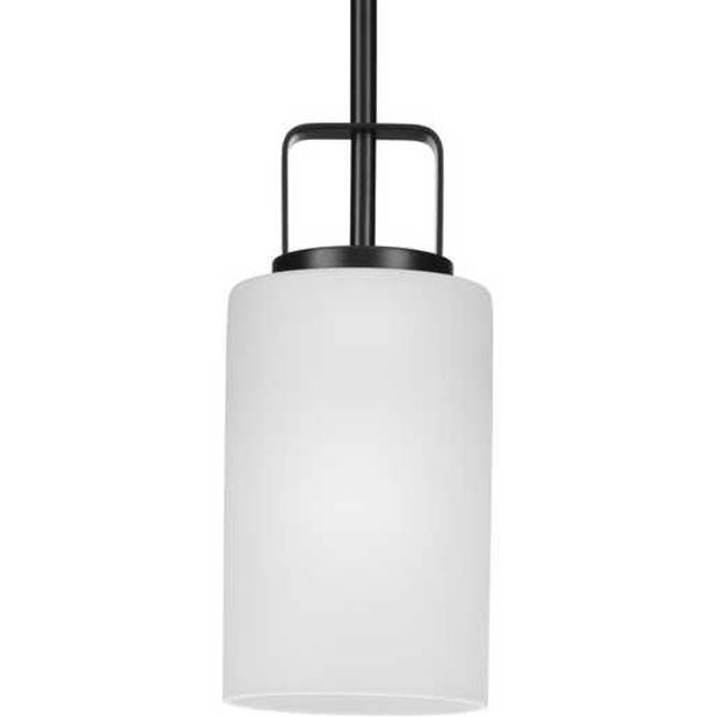 Progress Lighting League Collection One-Light Matte Black and Etched Glass Modern Farmhouse Mini-Pendant Hanging Light