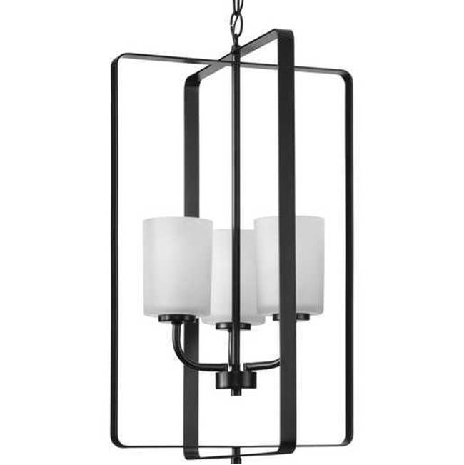 Progress Lighting League Collection Three-Light Matte Black and Etched Glass Modern Farmhouse Foyer Chandelier Light